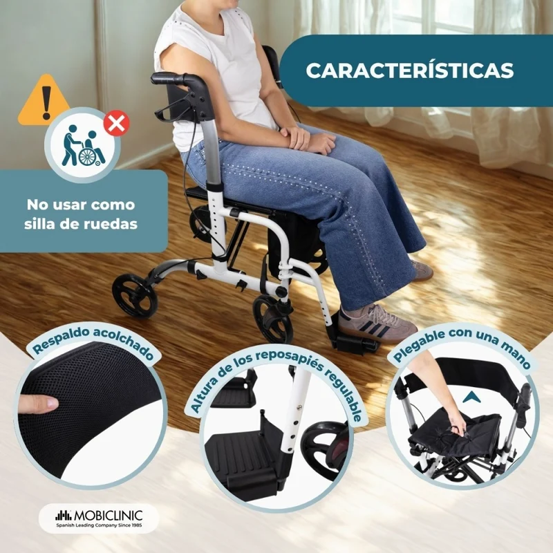 Rollator mit Fuß- und Rückenlehne | Faltbar | Aluminium | Bremsen | 360º Räder | Tasche | Stockhalterung | Ibiza | Mobiclinic