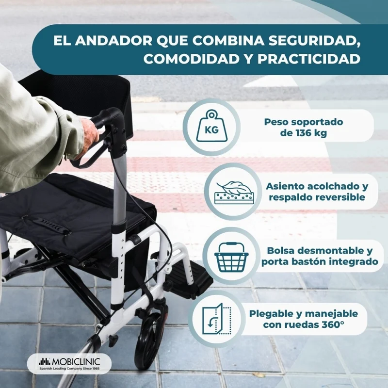 Rollator mit Fuß- und Rückenlehne | Faltbar | Aluminium | Bremsen | 360º Räder | Tasche | Stockhalterung | Ibiza | Mobiclinic