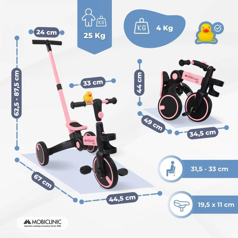 5-in-1 Dreirad | Umbaubar | Verstellbar | Max. 25 kg | Leichtgewicht | 1,5–5 Jahre | Rosa | Chase | Mobiclinic