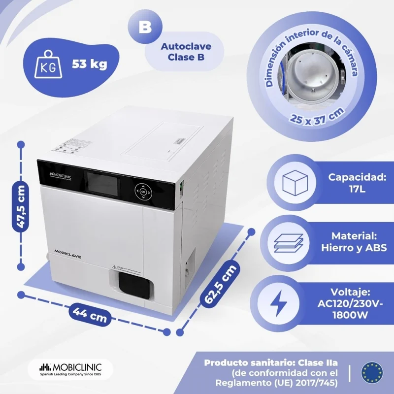 Autoklav Klasse B 17l | 360°-Sterilisation mit 99% | LCD-Display | USB-, SD- und Druckeranschluss | Mobiclave Plus | Mobiclinic