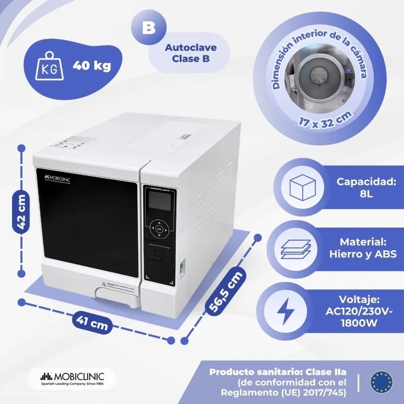 Autoklav Klasse B, 8 l | 99 % Desinfektion | LCD-Display | Drucker und USB | Programmierbare Zyklen | Mobiclave | Mobiclinic