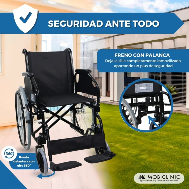 Standard Rollstuhl | Faltbar | Große Räder | Stahl | Orthopädisch | Leichtgewichtig | Schwarz | Catedral | Mobiclinic