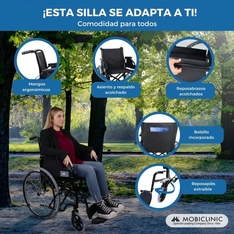Standard Rollstuhl | Faltbar | Große Räder | Stahl | Orthopädisch | Leichtgewichtig | Schwarz | Catedral | Mobiclinic