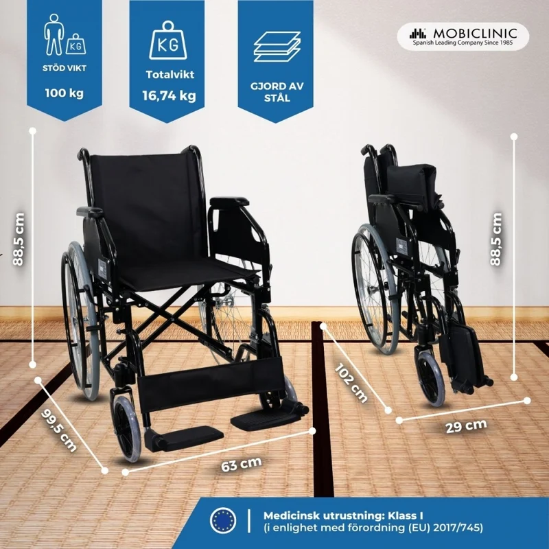 Standard Rollstuhl | Faltbar | Große Räder | Stahl | Orthopädisch | Leichtgewichtig | Schwarz | Catedral | Mobiclinic