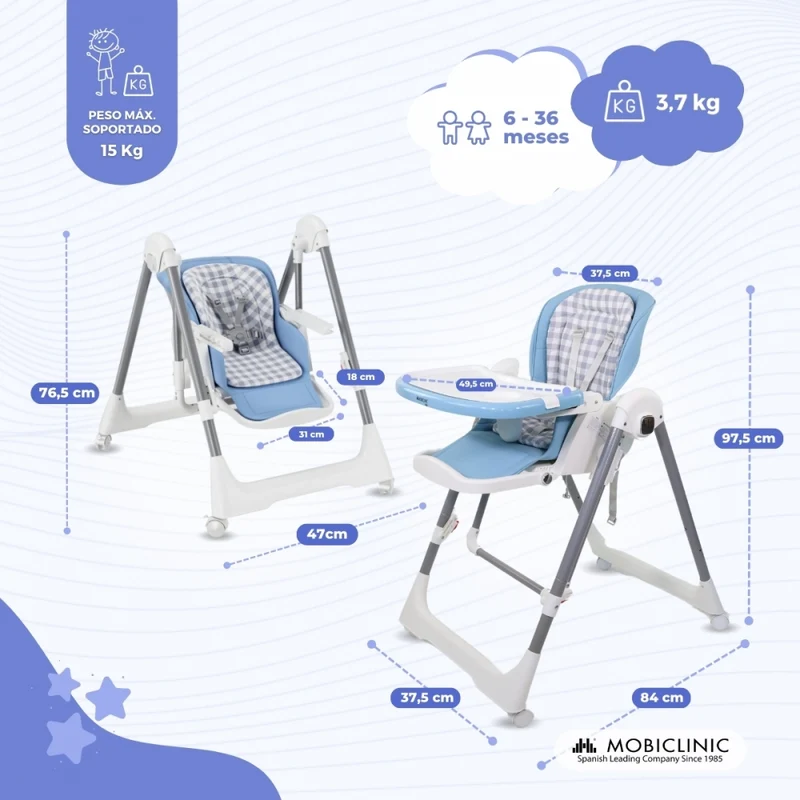 Schaukelhochstuhl | Klappbar | Mit Rollen und Tablett | Max. 15 kg | 6–36 Monate | Einstellbar | Blau | Nala | Mobiclinic