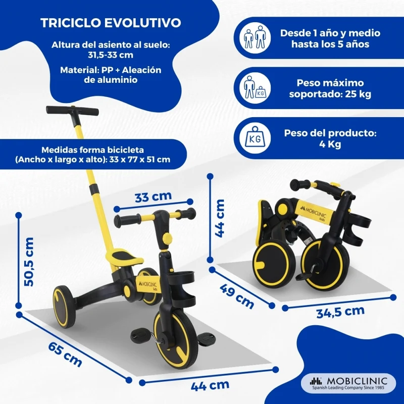 5 in 1 Dreirad | Evolutionär | Verstellbarer Sitzlenker | Max 25kg | Leicht | 1 Jahr und 5 Jahre | Gelb | Chase | Mobiclinic