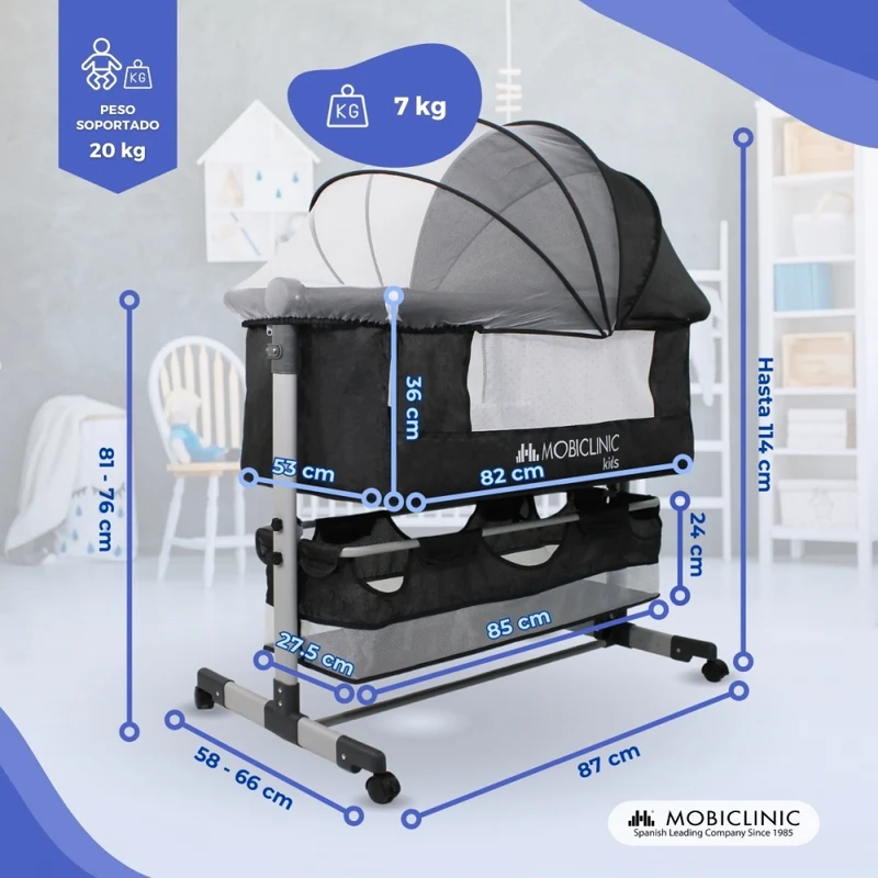 3in1 Kinderbett | Beistellbett |Wippe |3fach höhenverstellbar|Moskitonetz und Korb |Mit Matratze |360ºRäder | Night|Mobiclinic