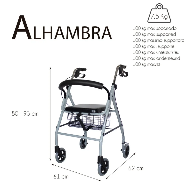 Rollator | Aluminium | Faltbar | Bremsgriffe | Sitz und Rückenlehne | Für Senioren | Grau | Alhambra | Mobiclinic