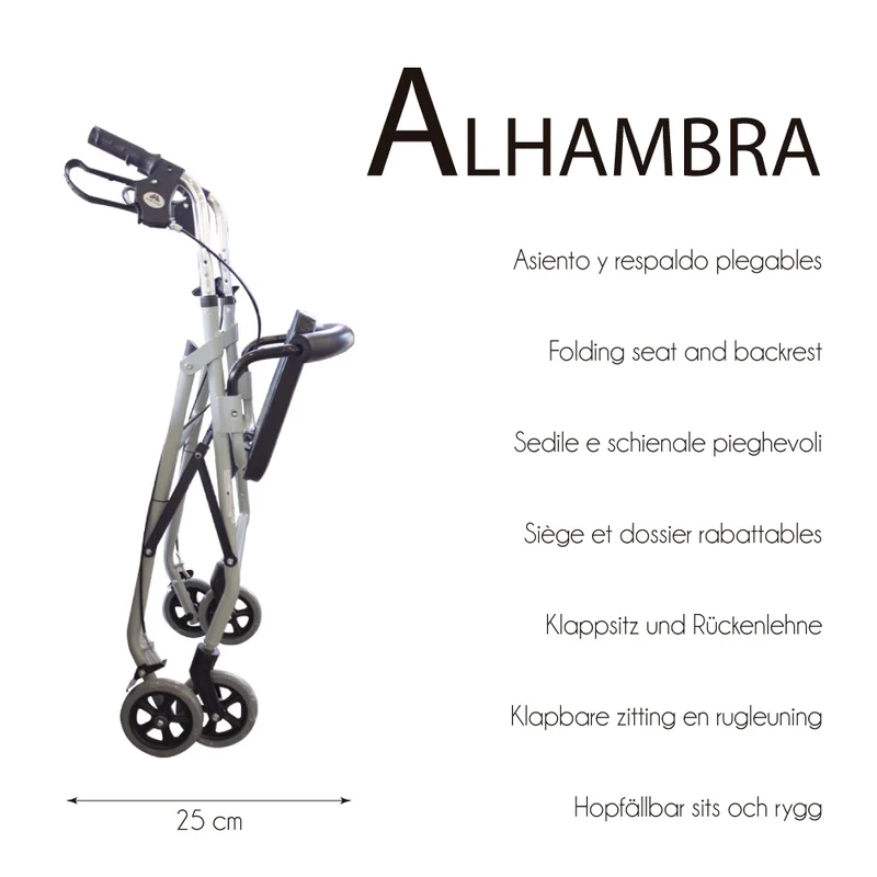 Rollator | Aluminium | Faltbar | Bremsgriffe | Sitz und Rückenlehne | Für Senioren | Grau | Alhambra | Mobiclinic