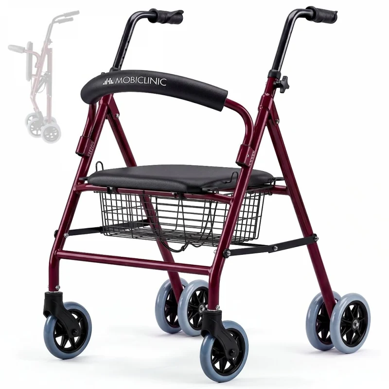 Klappbarer Rollator | Sitz und Rückenlehne | Aluminium | Korb | Für ältere Menschen | Bordeaux | Modell: Prado | Mobiclinic