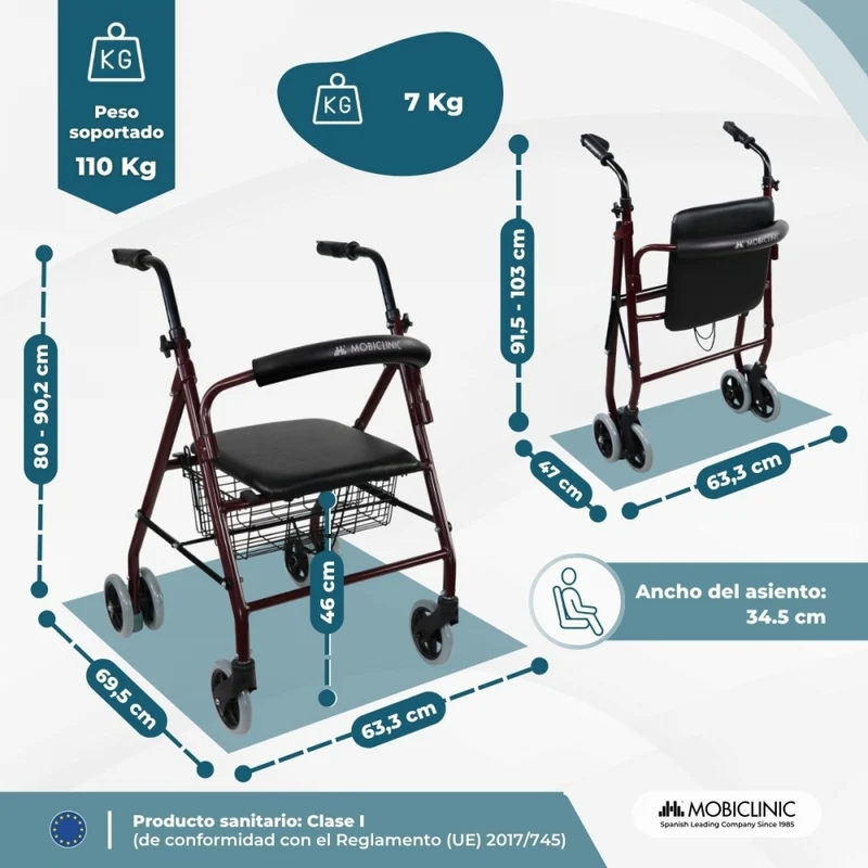Klappbarer Rollator | Sitz und Rückenlehne | Aluminium | Korb | Für ältere Menschen | Bordeaux | Modell: Prado | Mobiclinic