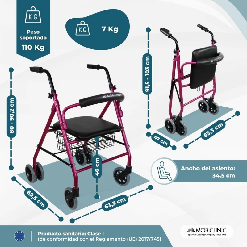 Klappbarer Rollator | inkl. Sitz und Rückenlehne | Aluminium | Korb | für Senioren | Rosa | Modell: Prado | Mobiclinic