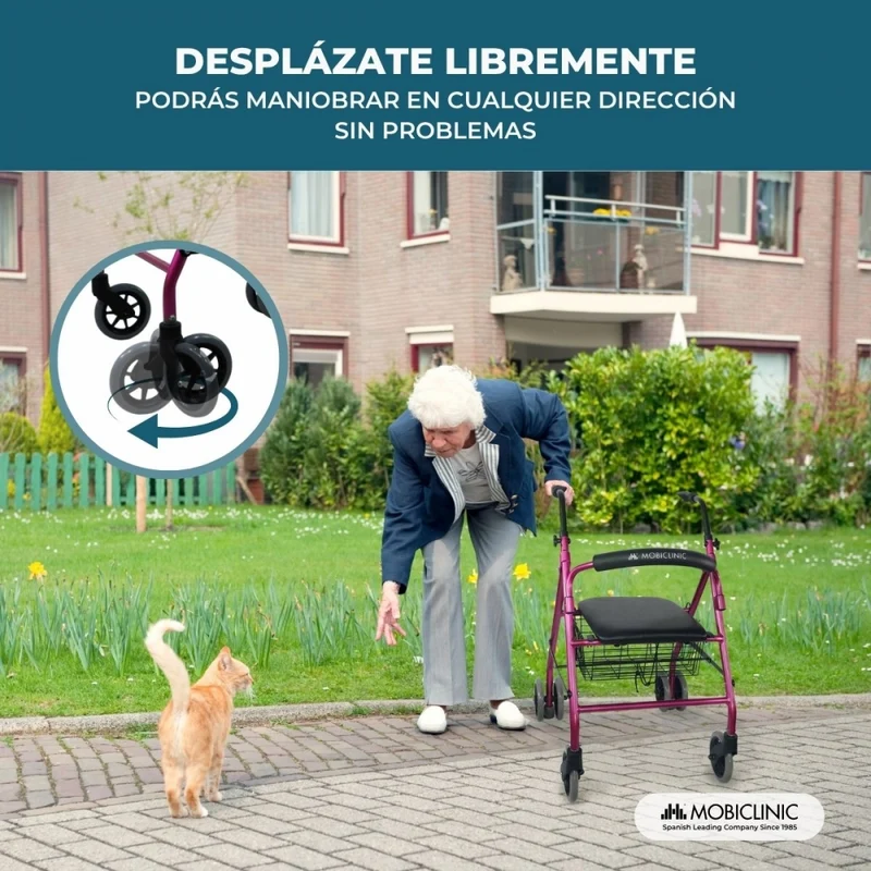 Klappbarer Rollator | inkl. Sitz und Rückenlehne | Aluminium | Korb | für Senioren | Rosa | Modell: Prado | Mobiclinic