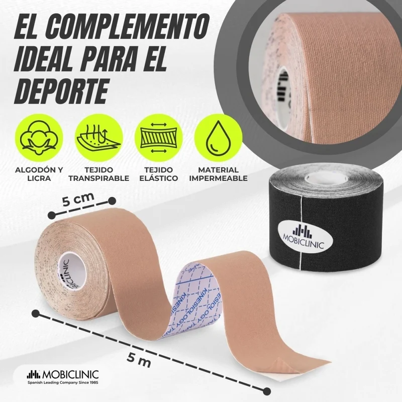 2er Pack Kinesio Tape | Schwarz und Beige | Neuromuskuläre Bandage | 5mx5cm | Modell: Mobitape | Mobiclinic