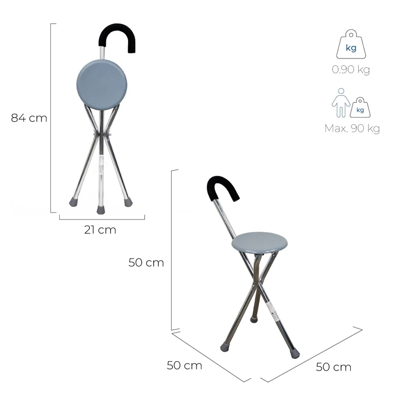 Gehstock mit klappbarem Sitz | Dreibein-Krücke | Aluminium | Bis zu 90 kg | Modell: Gloria | Mobiclinic