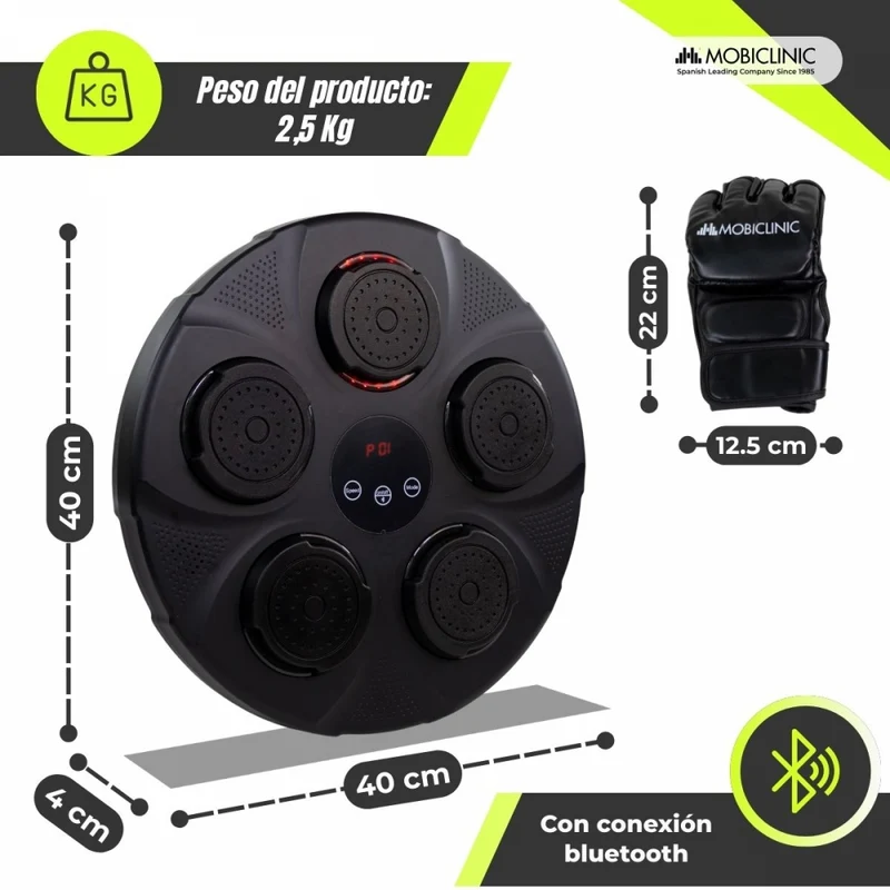 Boxmaschine | 9 Modi und Geschwindigkeiten |Handschuhe | Lichter | LED-Bildschirm und Bluetooth | MusicKangu | Mobiclinic
