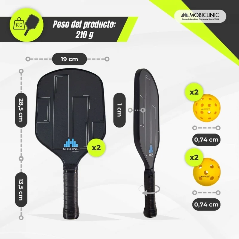 Pickleball-Set | 2 Fiberglasschläger | 4 Bälle | Tragetasche | Rutschfester Griff | Mobiall | Mobiclinic