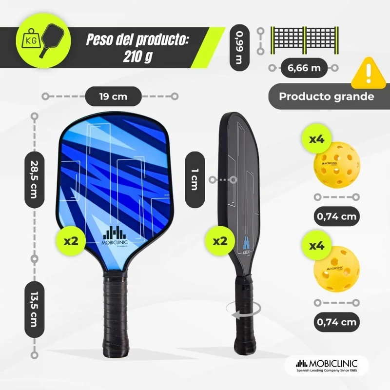 Pickleball-Set | 4 Schläger | 4 Bälle | Netz mit Rädern | Tragetasche | Rutschfester Griff | Mobiall | Mobiclinic