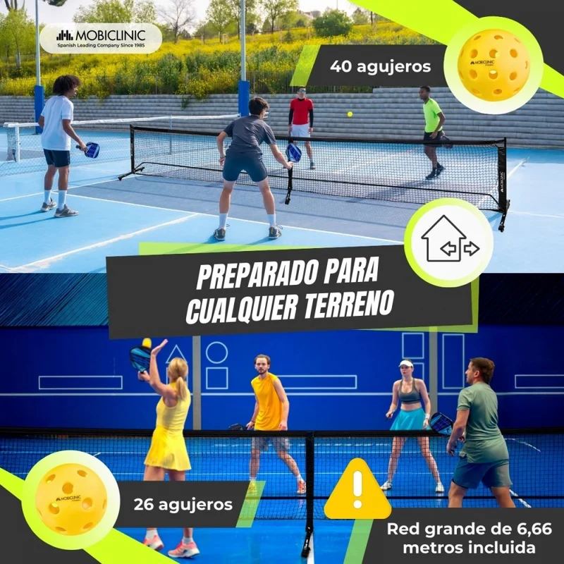 Pickleball-Set | 4 Schläger | 4 Bälle | Netz mit Rädern | Tragetasche | Rutschfester Griff | Mobiall | Mobiclinic
