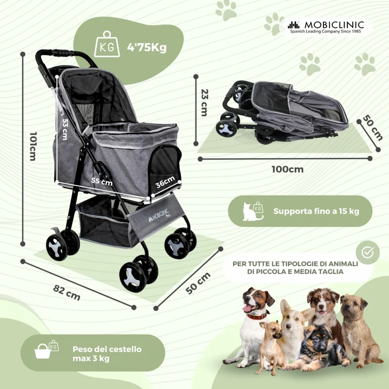 Hundewagen | Faltbar |Räder Bremse und 360º |3 Zugänge | Markise|Aufbewahrungskorb und Getränkehalter |Schwarz |Zuma|Mobiclinic