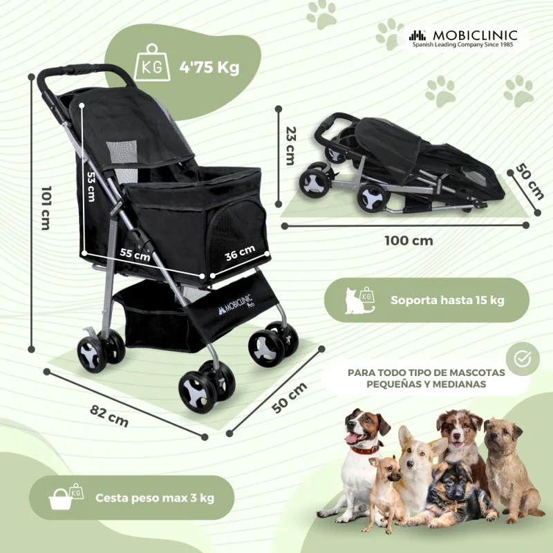 Hundewagen | Faltbar |Räder Bremse und 360º |3 Zugänge | Markise|Aufbewahrungskorb und Getränkehalter |Schwarz |Zuma|Mobiclinic