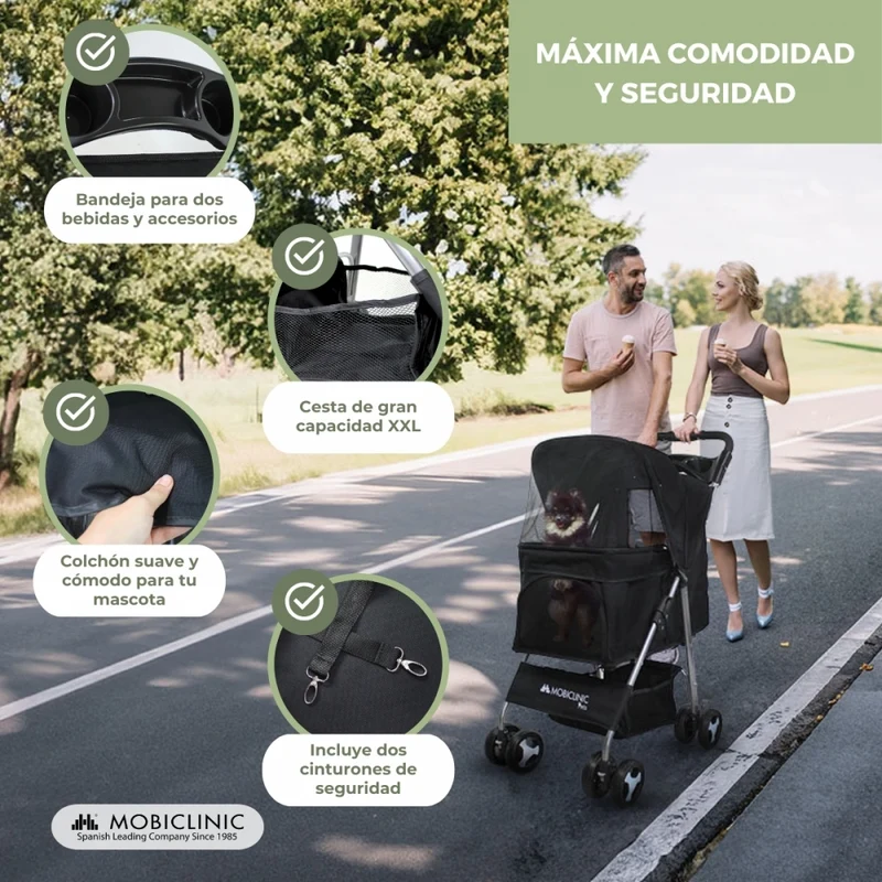 Hundewagen | Faltbar |Räder Bremse und 360º |3 Zugänge | Markise|Aufbewahrungskorb und Getränkehalter |Schwarz |Zuma|Mobiclinic