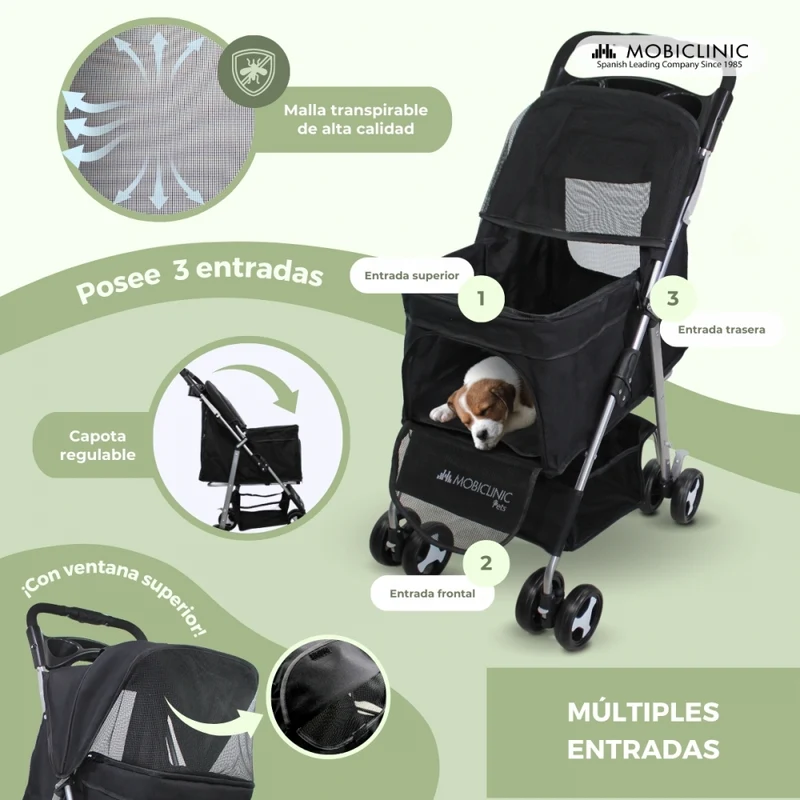 Hundewagen | Faltbar |Räder Bremse und 360º |3 Zugänge | Markise|Aufbewahrungskorb und Getränkehalter |Schwarz |Zuma|Mobiclinic