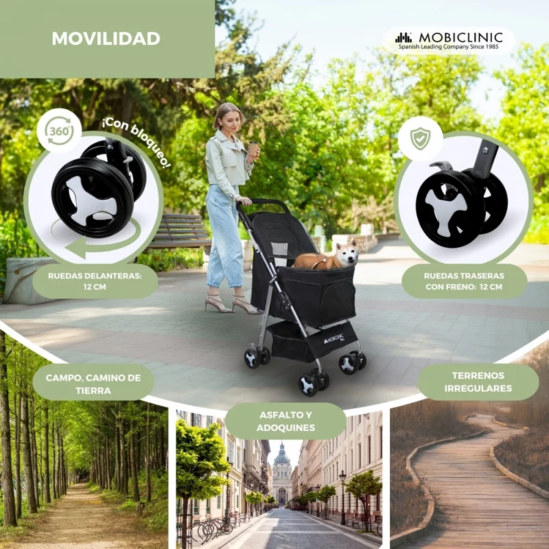 Hundewagen | Faltbar |Räder Bremse und 360º |3 Zugänge | Markise|Aufbewahrungskorb und Getränkehalter |Schwarz |Zuma|Mobiclinic