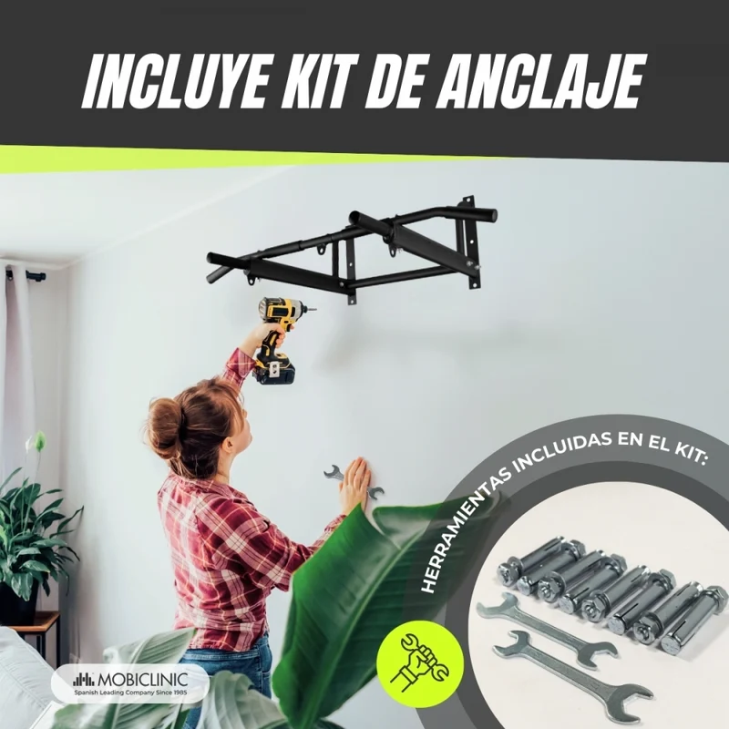 Klimmzugstange Wand | Mit Zubehöraufsätzen | Einschließlich Verankerungsset | Bis zu 250 kg | Modell: K2 | Mobiclinic