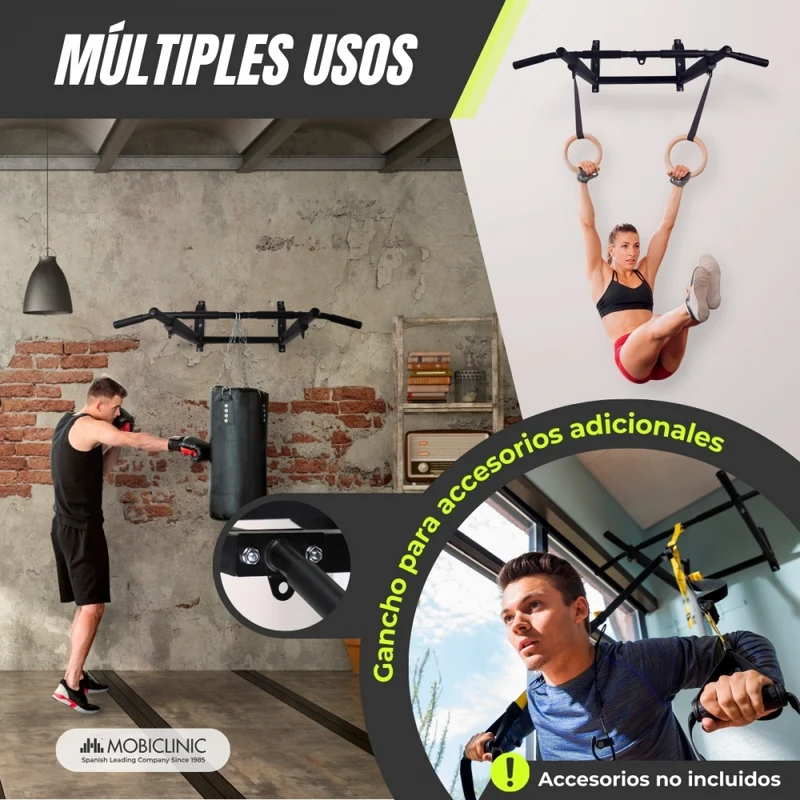 Klimmzugstange Wand | Mit Zubehöraufsätzen | Einschließlich Verankerungsset | Bis zu 250 kg | Modell: K2 | Mobiclinic