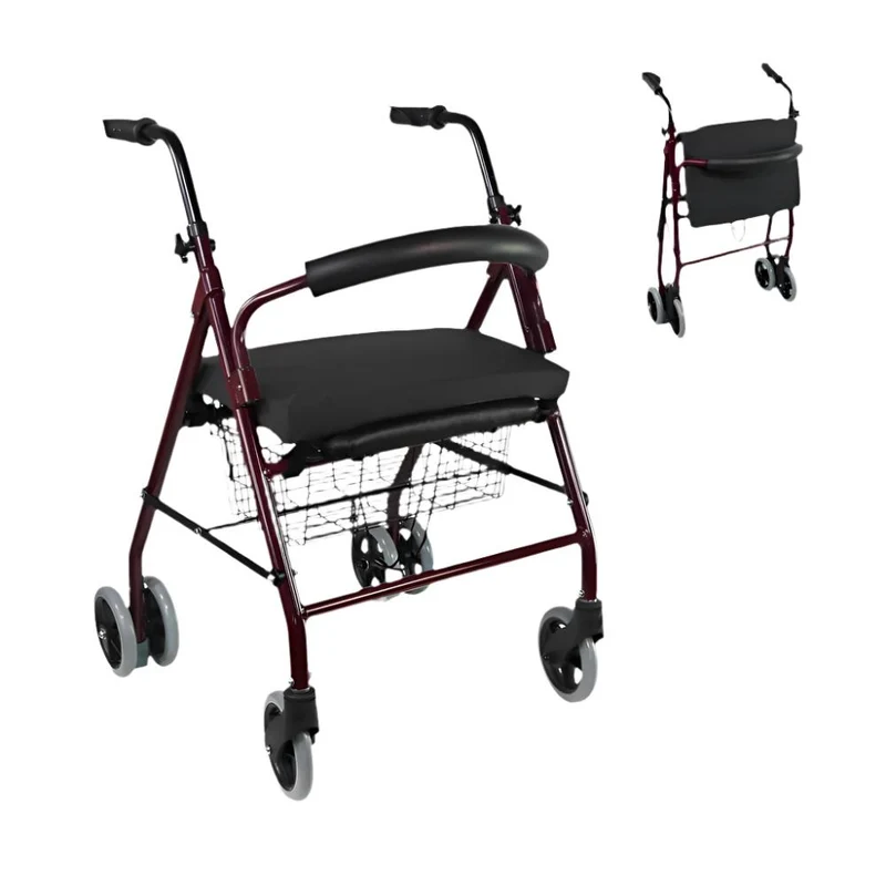 Set faltbarer Rollator und Anti-Dekubitus-Kissen | rollatorspezifisch | Lehne | Aluminium | Bordeaux | Prado Plus | Mobiclinic