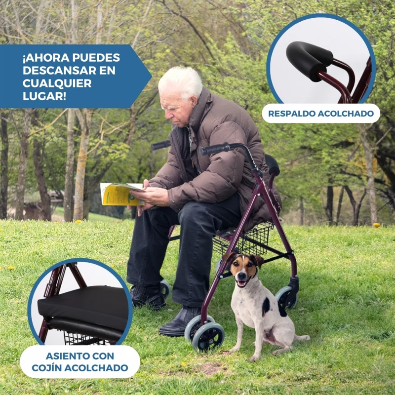 Set faltbarer Rollator und Anti-Dekubitus-Kissen | rollatorspezifisch | Lehne | Aluminium | Bordeaux | Prado Plus | Mobiclinic