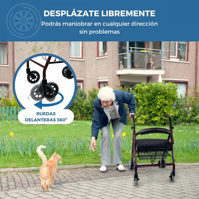 Set faltbarer Rollator und Anti-Dekubitus-Kissen | rollatorspezifisch | Lehne | Aluminium | Bordeaux | Prado Plus | Mobiclinic