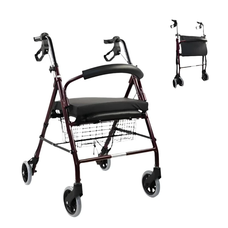 Set faltbarer Rollator und Anti-Dekubitus-Kissen | rollatorspezifisch | Aluminium | Bordeaux | Escorial Plus | Mobiclinic