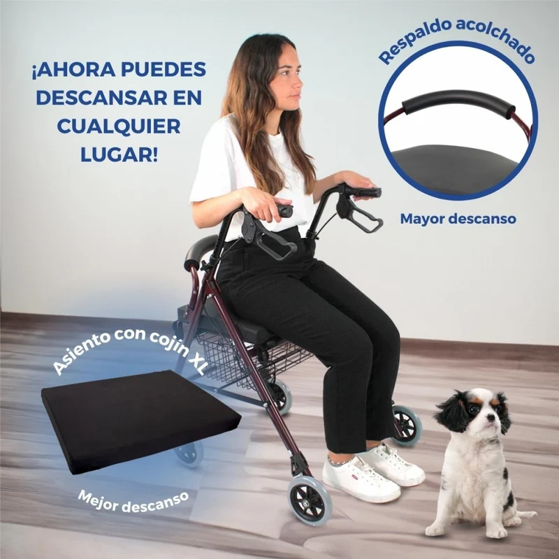 Set faltbarer Rollator und Anti-Dekubitus-Kissen | rollatorspezifisch | Aluminium | Bordeaux | Escorial Plus | Mobiclinic