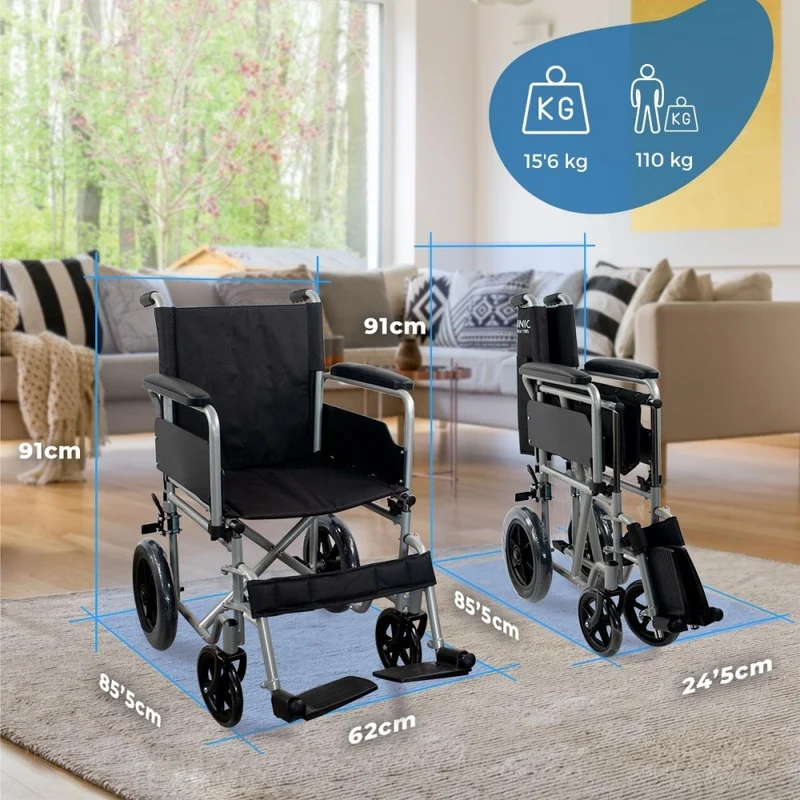 Faltrollstuhl | Abnehmbare kleine Hinterräder | Breite 46 cm | Silber| Modell: Marsella | Mobiclinic
