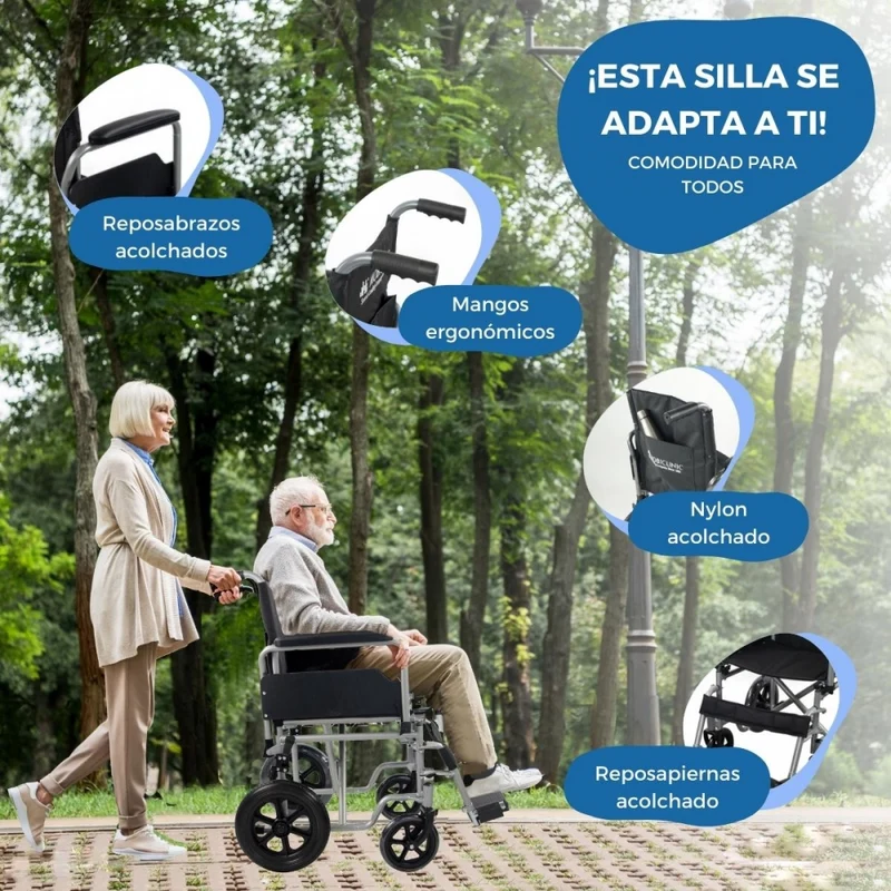 Faltrollstuhl | Abnehmbare kleine Hinterräder | Breite 46 cm | Silber| Modell: Marsella | Mobiclinic