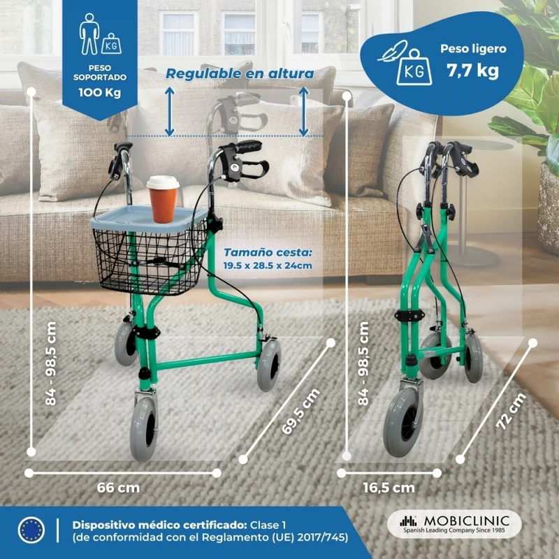 Rollator | 3 Rad | Faltbar | Verstellbar | Korb | Tragetasche | Grün | Caleta | Mobiclinic