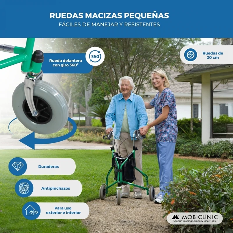 Rollator | 3 Rad | Faltbar | Verstellbar | Korb | Tragetasche | Grün | Caleta | Mobiclinic