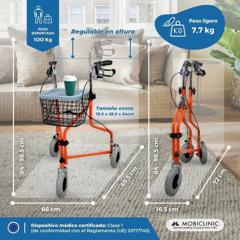 Rollator | 3 Rad | Faltbar | Verstellbar | Korb | Tragetasche | Orange | Caleta | Mobiclinic
