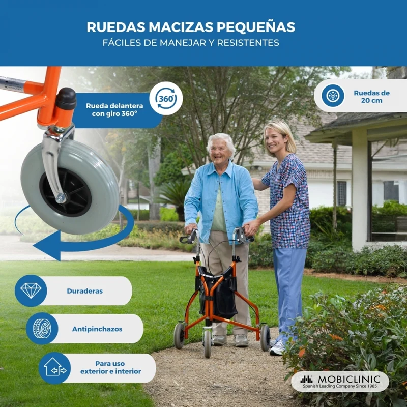 Rollator | 3 Rad | Faltbar | Verstellbar | Korb | Tragetasche | Orange | Caleta | Mobiclinic