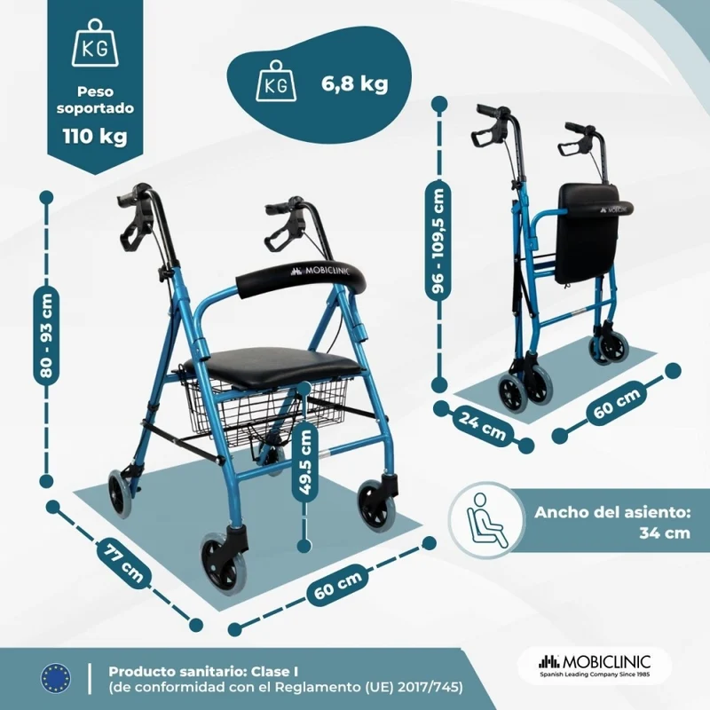 Rollator | Klappbar | Aluminium | Bremsen an Griffen | Sitz und Rückenlehne | 4 Räder | Blau | Modell: Escorial | Mobiclinic