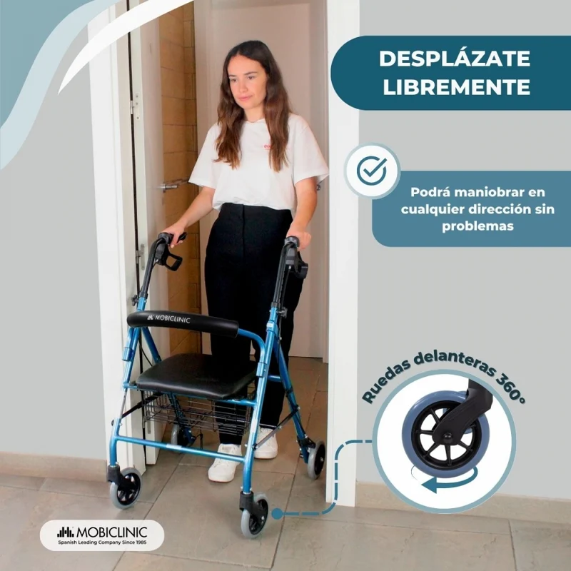 Rollator | Klappbar | Aluminium | Bremsen an Griffen | Sitz und Rückenlehne | 4 Räder | Blau | Modell: Escorial | Mobiclinic