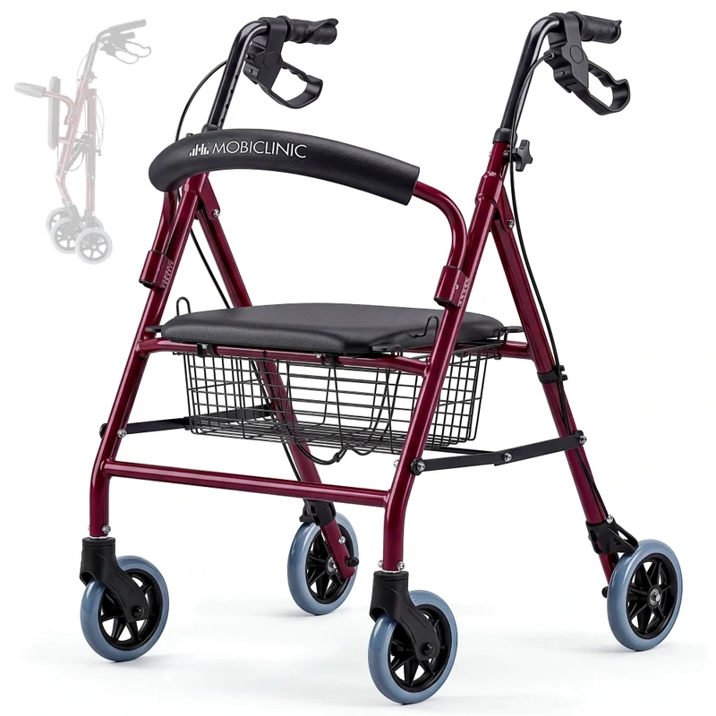 Rollator | Faltbar | Aluminium | Bremsen an den Griffen | Sitz und Rückenlehne | 4 Räder | Bordeaux | Escorial | Mobiclinic