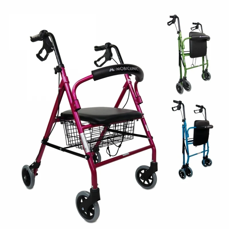 Rollator | Faltbar | Sitz und Rückenlehne | 4 Räder | Rosa | Modell: Escorial | Mobiclinic