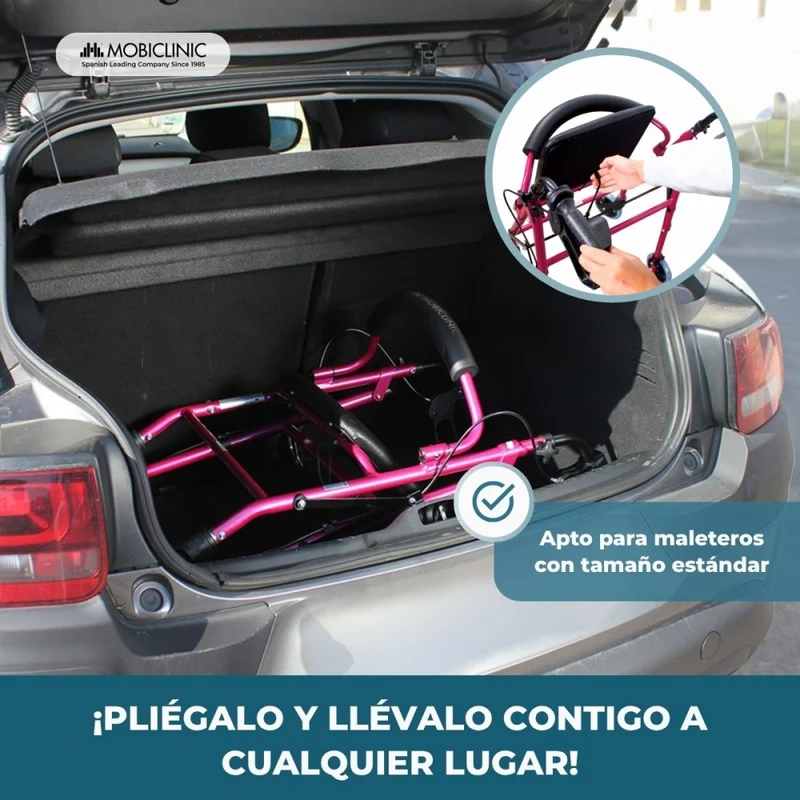 Rollator | Faltbar | Sitz und Rückenlehne | 4 Räder | Rosa | Modell: Escorial | Mobiclinic