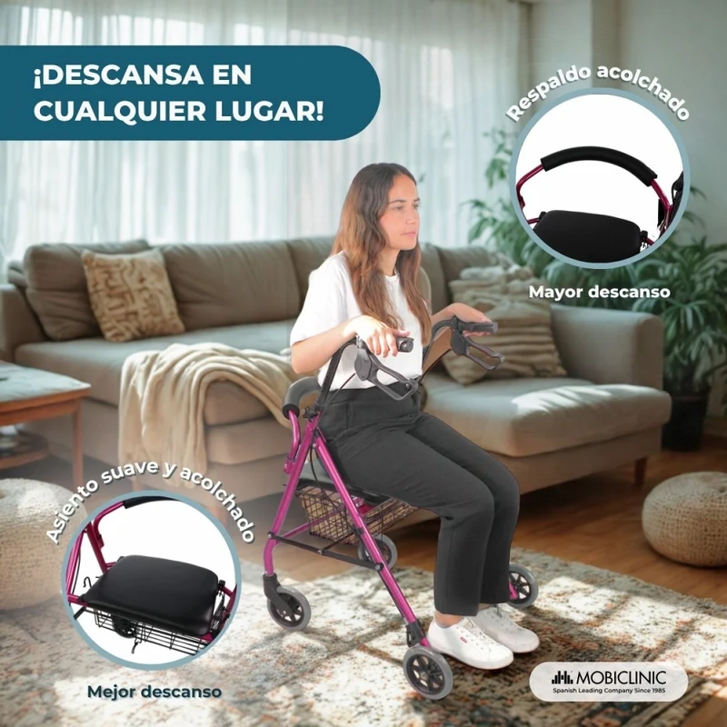 Rollator | Faltbar | Sitz und Rückenlehne | 4 Räder | Rosa | Modell: Escorial | Mobiclinic
