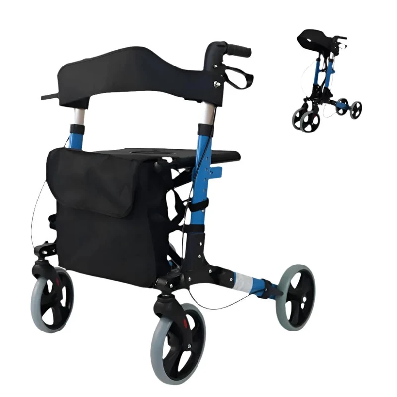 Gehhilfe mit 4 Rädern | Faltbar | Aluminium | Bremsen an Hebeln | Sitz und Rückenlehne | Trajano | Deluxe | Mobiclinic