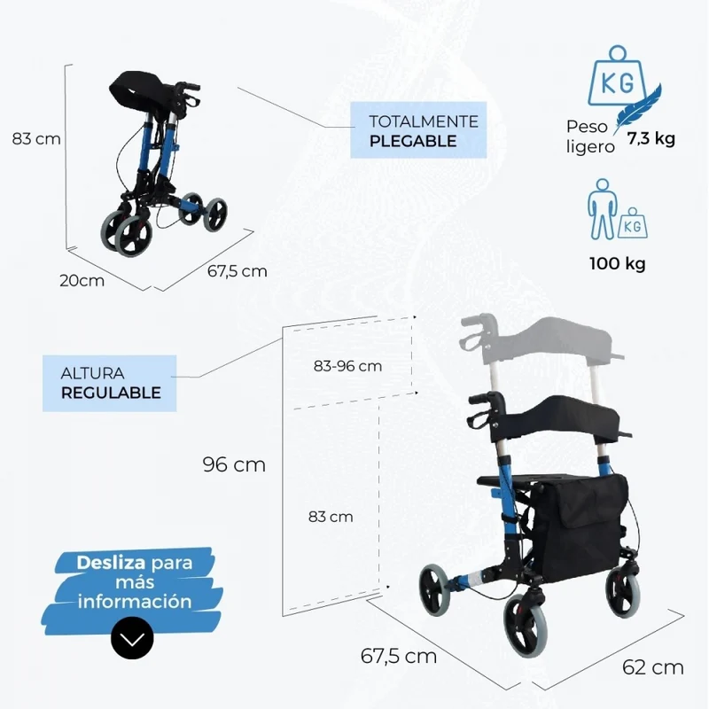 Gehhilfe mit 4 Rädern | Faltbar | Aluminium | Bremsen an Hebeln | Sitz und Rückenlehne | Trajano | Deluxe | Mobiclinic