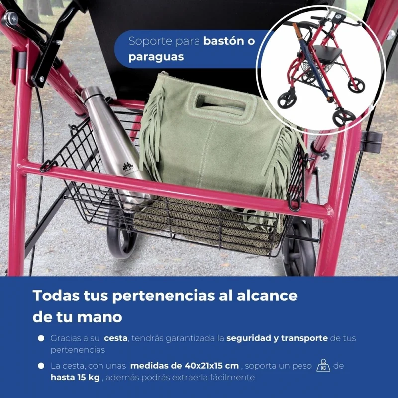 Rollator | Zusammenklappbar | Aluminium | Bremsen an den Griffen | Sitz und Rückenlehne | Bordeaux | Colón | Mobiclinic